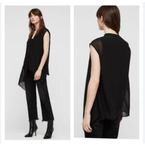 ALL SAINTS KERI BLACK SLEEVELESS ASYMMETRICAL CHIFFON TUNIC TOP - S